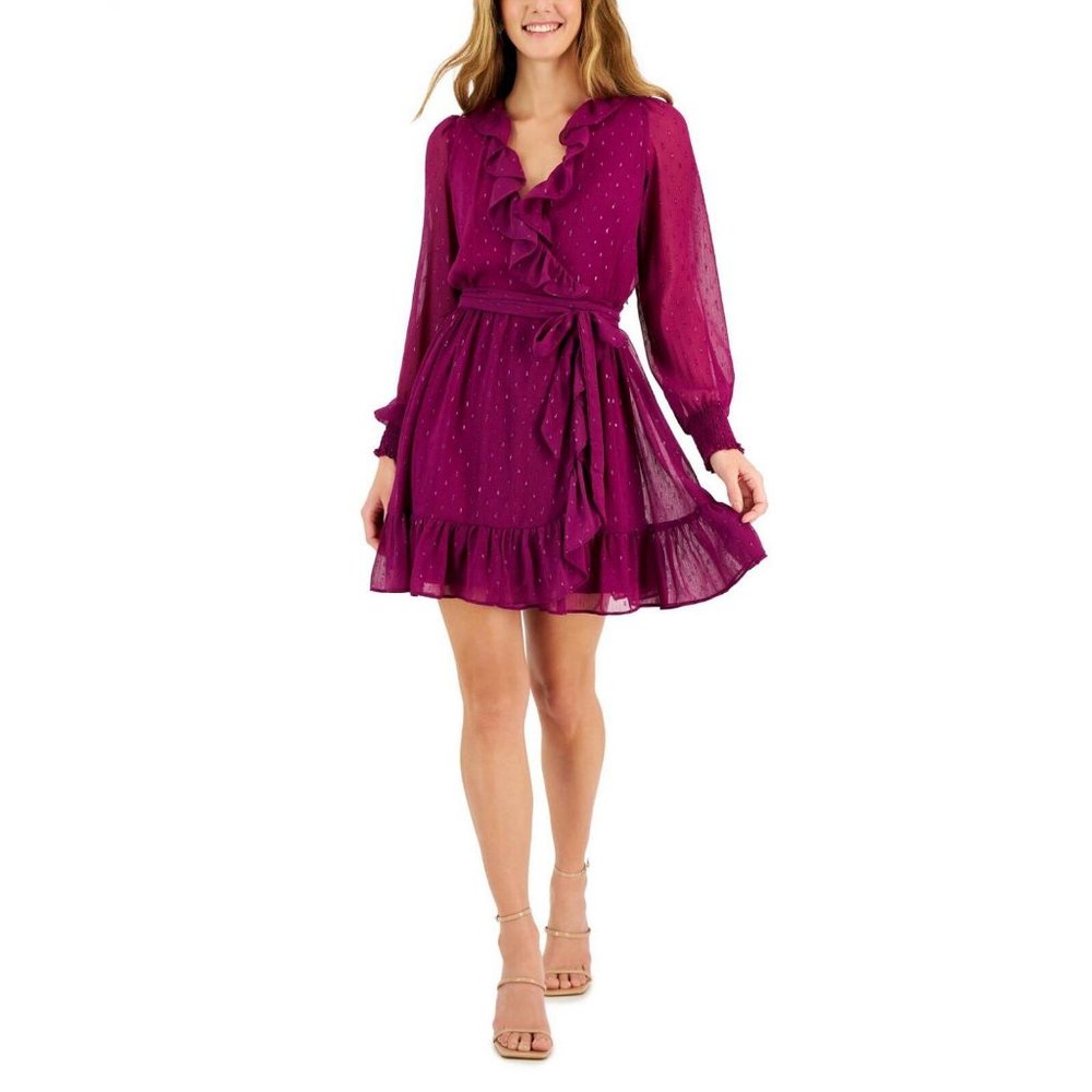 NEW Taylor Women's Metallic Clip-Dot Chiffon Fit & Flare Dress 3128M Purple 4 - Picture 1 of 4
